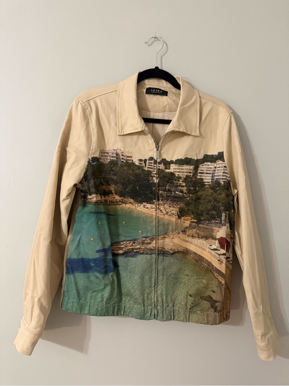 AKIRA Puro Beach Canvas Bomber Jacket Mediterranean Print Size Medium